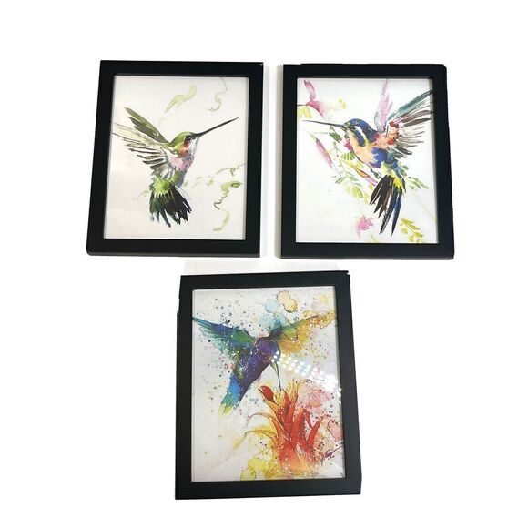 Framed Wall Art Hummingbird Canvas 3 Piece Set Lot Black Desk Decor - Picture 1 of 10
